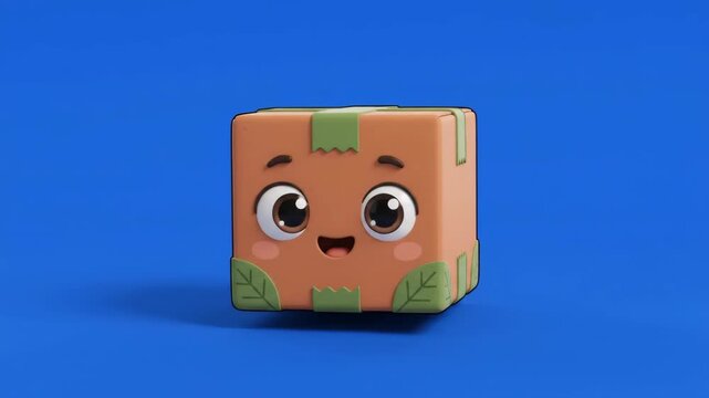 Cute cartoon cardboard box character with big eyes and a happy smile, representing eco-friendly packaging.