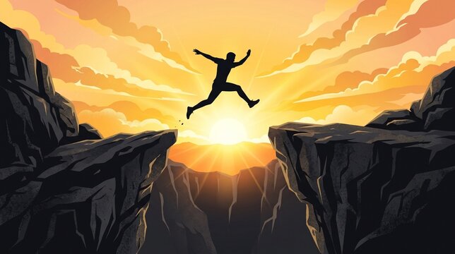 Silhouette of a person jumping across a canyon gap