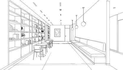 Fototapeta premium Modern library cafe interior sketch vector illustration with large bookshelf wall long bench seating and dining tables