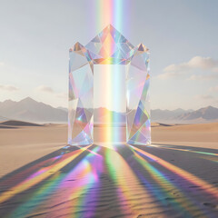 Obraz premium Surreal Crystalline Prism Portal with Vibrant Rainbow Light Refractions in a Minimalist Desert Landscape
