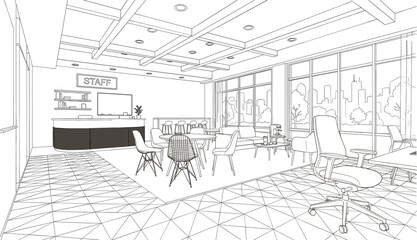 Fototapeta premium Modern office staff breakroom and lounge line art vector illustration with reception desk geometric tiled flooring and city views