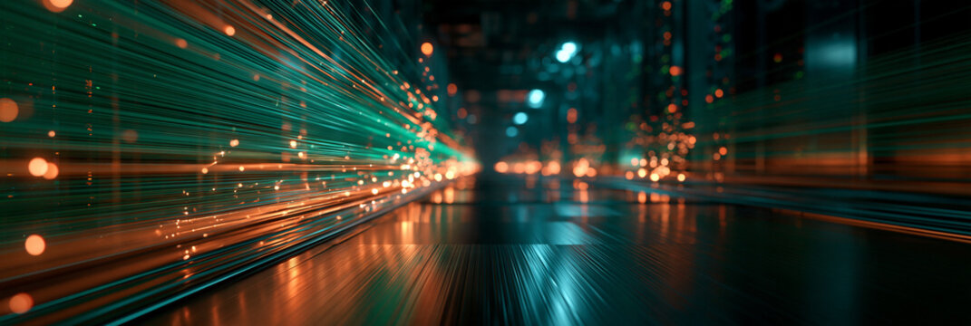 Lichtspuren in Gr&uuml;n und Orange in einer futuristischen Stadt