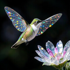 Obraz premium Magical hummingbird with iridescent holographic wings hovering above a glowing flower in the dark