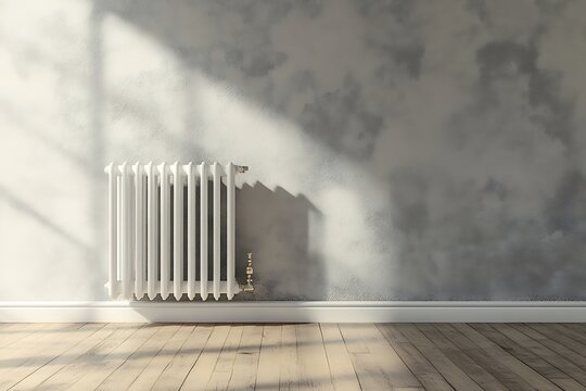 White radiator against textured wall with dramatic shadow play