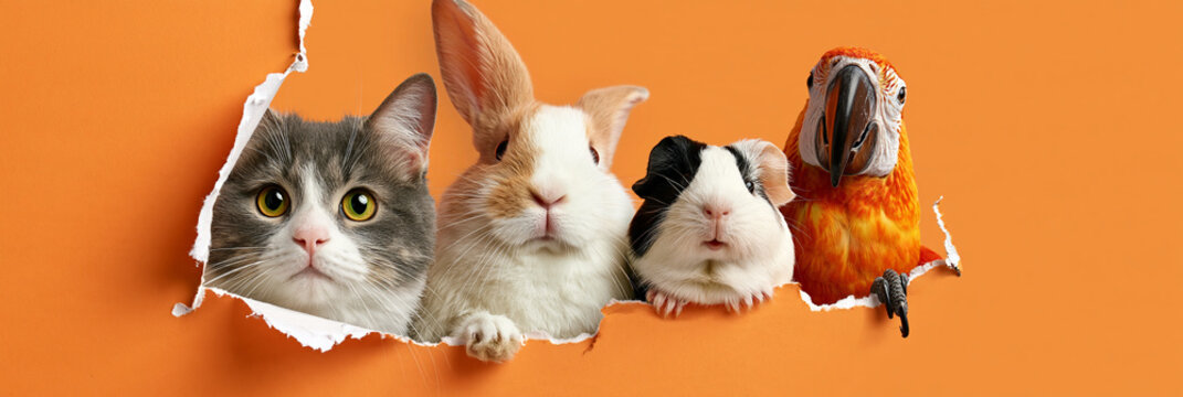 Katze, Kaninchen, Meerschweinchen und Papagei schauen aus Loch in orangem Papier