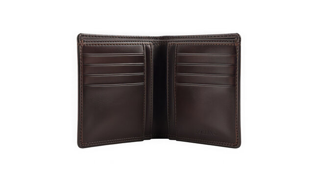 Leather wallet with multiple card slots and bill compartments is displayed open against a pure transparent background, awaiting its contents for everyday use or travel.