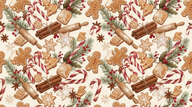 Christmas baking pattern with gingerbread cookies candy canes and rolling pins.