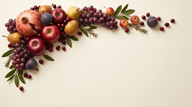 Fresh fruits and berries arranged in a decorative corner border design