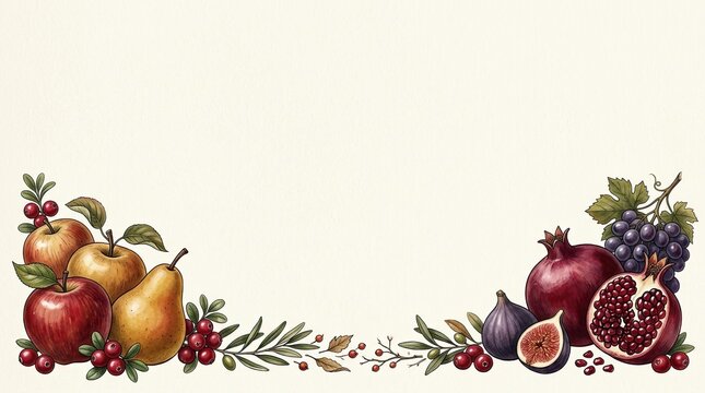 Fresh fruits border with apples pears pomegranates figs and grapes illustration