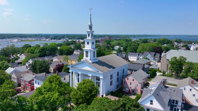 First United Methodist Church aerial view at 25 Church Street in historic town center of Warren, Rhode Island RI, USA.  