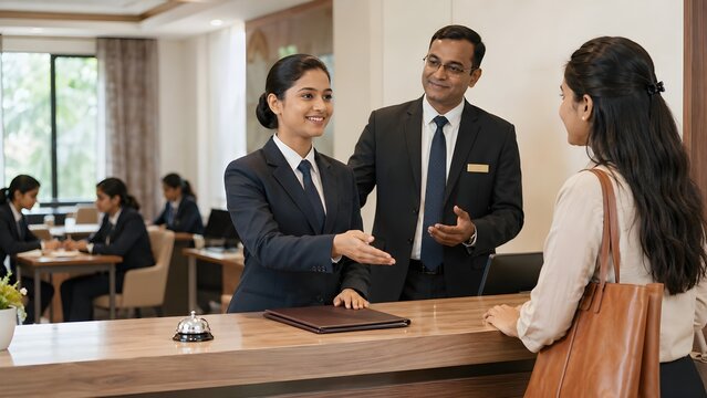 Indian Hospitality Students Practicing Hotel Reception and Guest-Service Communication, Front Desk Training and Tourism Education Concept