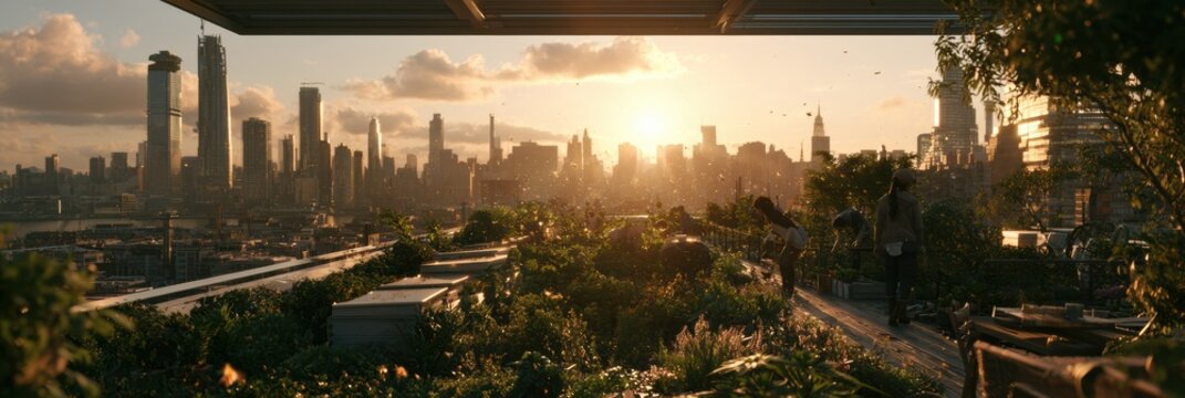 Community members work on a productive rooftop garden with beehives and flowering plants, overlooking a city at sunset.
