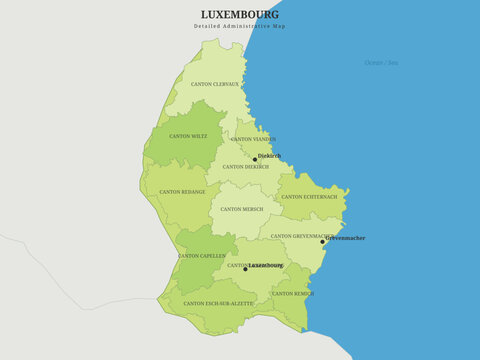 Detailed administrative map of luxembourg showing cantons and capital city with geographical borders against light grey and blue background