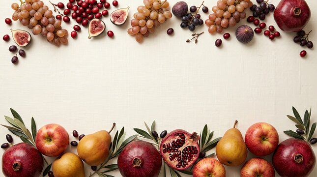 Fresh seasonal fruits and berries arranged in a border frame on a light surface