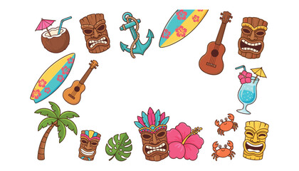 Hawaiian tiki party vector frame background with wooden tribal masks surfboards ukuleles cocktails palm tree and tropical flowers © Moksadul