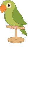 Cute green parrot perched on a wooden stand, exotic pet animal flat vector illustration for kids design