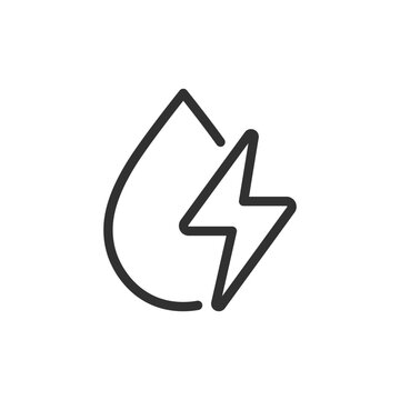Electrified water drop, linear icon. Electrolytes, ionic conductivity and electrically active fluid. Line with editable stroke.