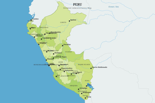 Detailed administrative map of peru featuring regions, cities, and borders in green and blue tones