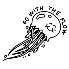 Edgy jellyfish Go With The Flow text, bold black line art ocean design © Dani