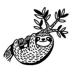 Fototapeta premium Cute sloth hanging on tree branch, black and white line art illustration