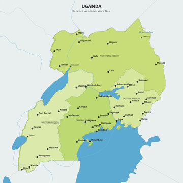 Detailed administrative map of uganda showing regions, cities, towns, lakes, and borders