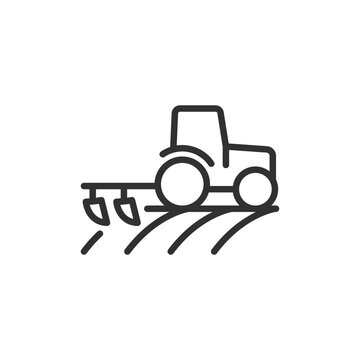 Tractor plowing field, linear icon. Agricultural tillage and soil preparation with plow. Line with editable stroke.