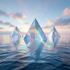 Obraz premium Surreal digital art featuring three glass pyramids floating on calm ocean water with vibrant rainbow light refractions under a dreamy pastel sunset sky