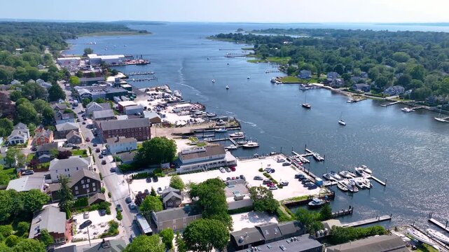 Warren waterfront yacht club aerial view at Barrington River, with town of Barrington on the left, Rhode Island RI, USA. 
