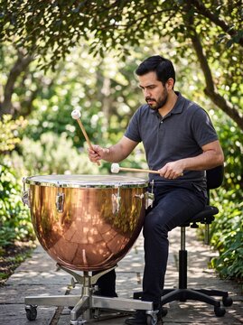 Hispanic Professional Musician Playing Large Copper Timpani Drum