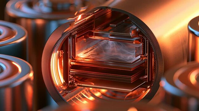 Energy storage and battery technology concept close-up of lithium-ion cell internal structure with glowing electrical components and power supply