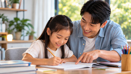 Obraz premium Father helping his young daughter with homework at home