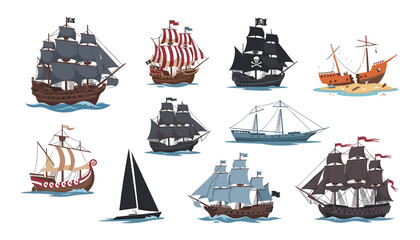 Vector set of vintage pirate ships sailing vessels sailboats and wrecked wooden boats isolated on white background © Moksadul