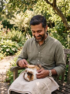 South Asian Man Gently Brushing Soft Guinea Pig Fur