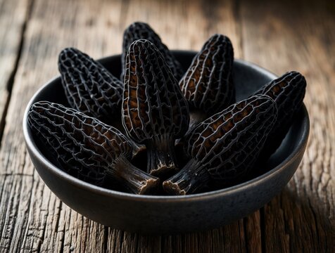 Fresh black morel mushrooms in dark ceramic bowl on rustic wooden table. Organic edible fungi with unique honeycomb texture sit in kitchen. Gourmet forest mushrooms ready for cooking delicious vegan
