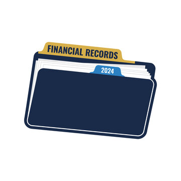 Dark blue file folder labeled financial records with a 2024 tab isolated on a white background