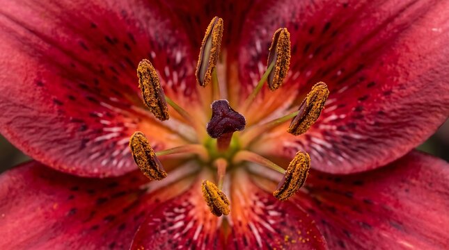 Close up photograph showcases red lily stamens and central stigma