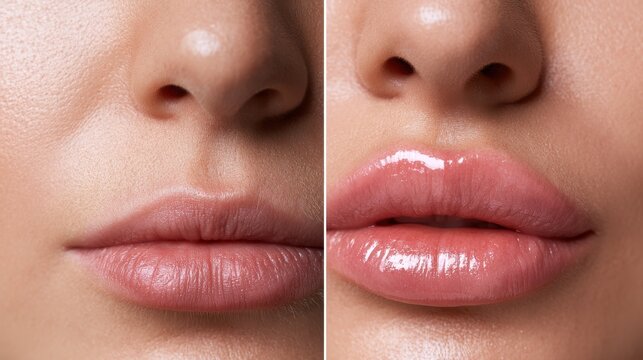 Macro portrait of lips: subtle transformation from natural lips to fuller lips with balanced shape