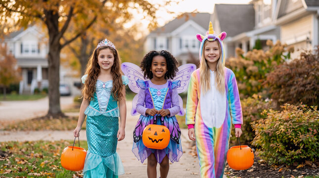 Three girls in mermaid, butterfly and unicorn costumes carrying pumpkin buckets while trick or treating in an autumn suburban neighborhood