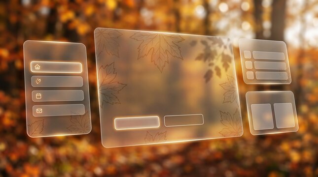 Glassmorphism UI interface screens mockup with autumn maple leaf motif for thanksgiving web design, featuring transparent frosted glass dashboard panels on fall forest bokeh background