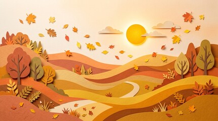 Obraz premium Happy Thanksgiving autumn fall landscape background with layered paper cut hills, orange trees, flying leaves, warm sun and winding path in scenic countryside papercraft art concept