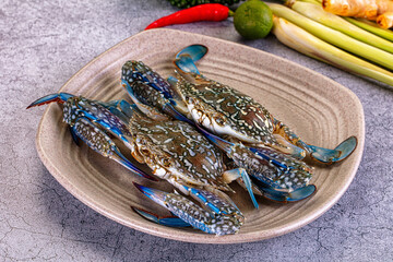 Fresh blue crabs on ceramic plate with lime, red chili, lemongrass and ginger background, rustic kitchen setting, natural light © Andrei Starostin