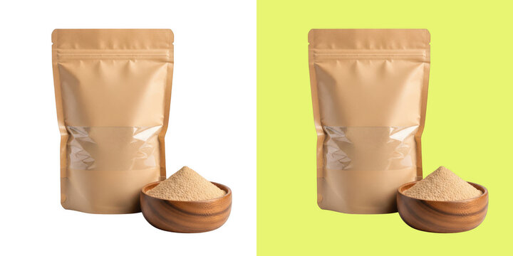 Brown kraft paper pouch with wooden bowl of granules
