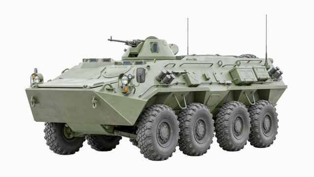 Modern eight-wheeled armored military personnel carrier with a defensive weapon system, built for tactical operations and troop transport, expertly isolated in a studio photograph