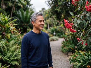 Obraz premium Mature Southeast Asian Man Watching Hummingbirds Near Eucalyptus Flowers