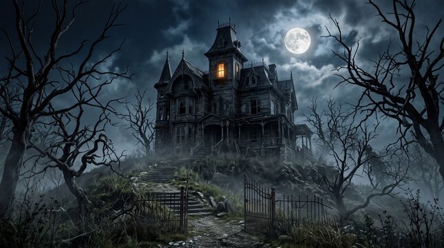 Creepy haunted house on a hill with glowing windows at night