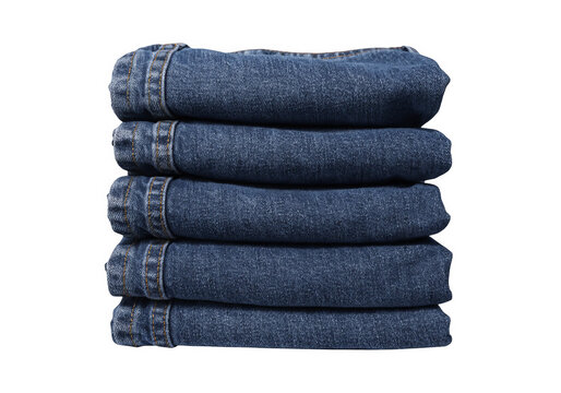 Stack of neatly folded blue denim jeans isolated on a transparent background.