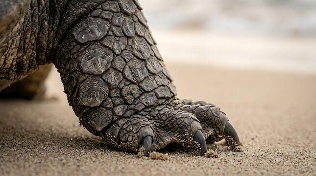 A turtle leg rests on beige sand displaying textured scales and claws