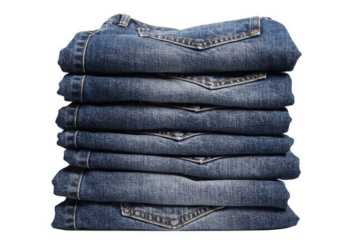 Stack of neatly folded blue denim jeans isolated on a transparent background.