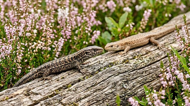 Two lizards rest on a weathered log amidst blooming heather plants