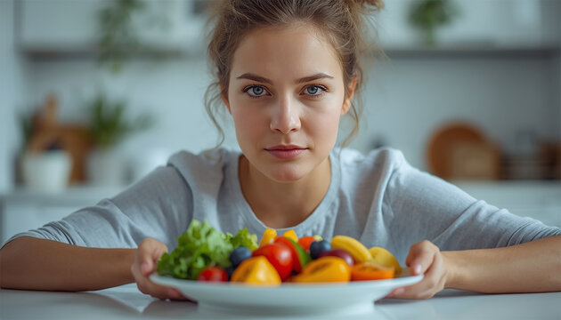 Young woman holding a plate of fresh vegetables and fruits in a bright kitchen with copy space